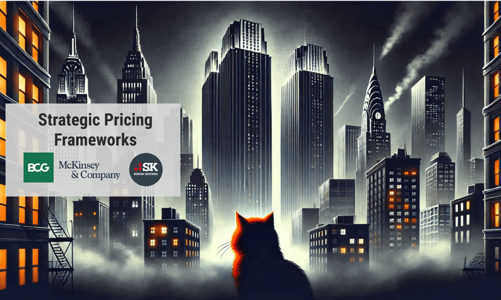 A film noir-style illustration of three skyscrapers representing global consultancies in a misty, shadowed cityscape. An orange curious cat stands in the foreground, gazing up at the towering buildings, adding a subtle contrast of warmth to the otherwise cool, monochromatic scene.