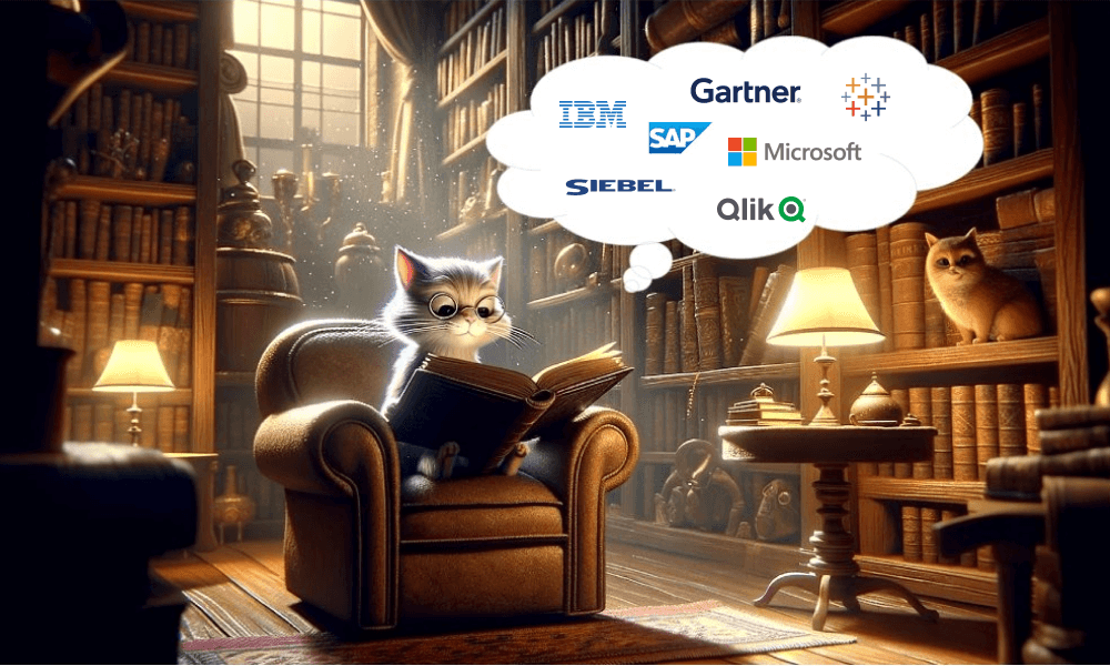 A cat is sitting in a library in a comfy chair and reading a book about the history of business intelligence.