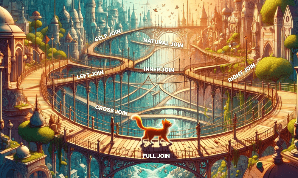 An orange cat is walking on one of the numerous bridges in the magical world.
