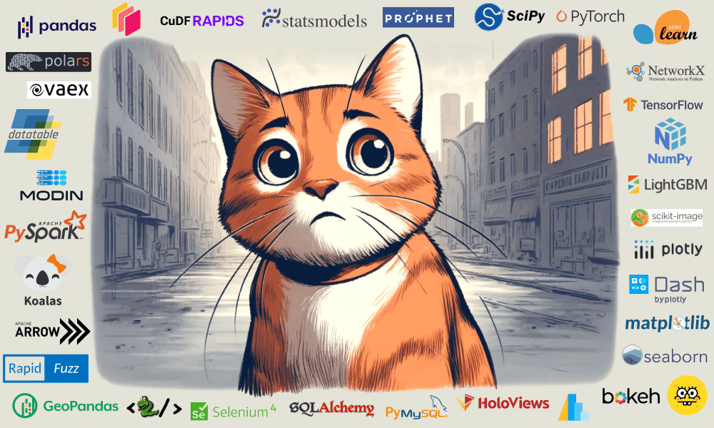 An orange cat looks anxious and lost looking at numerous Python libraries.