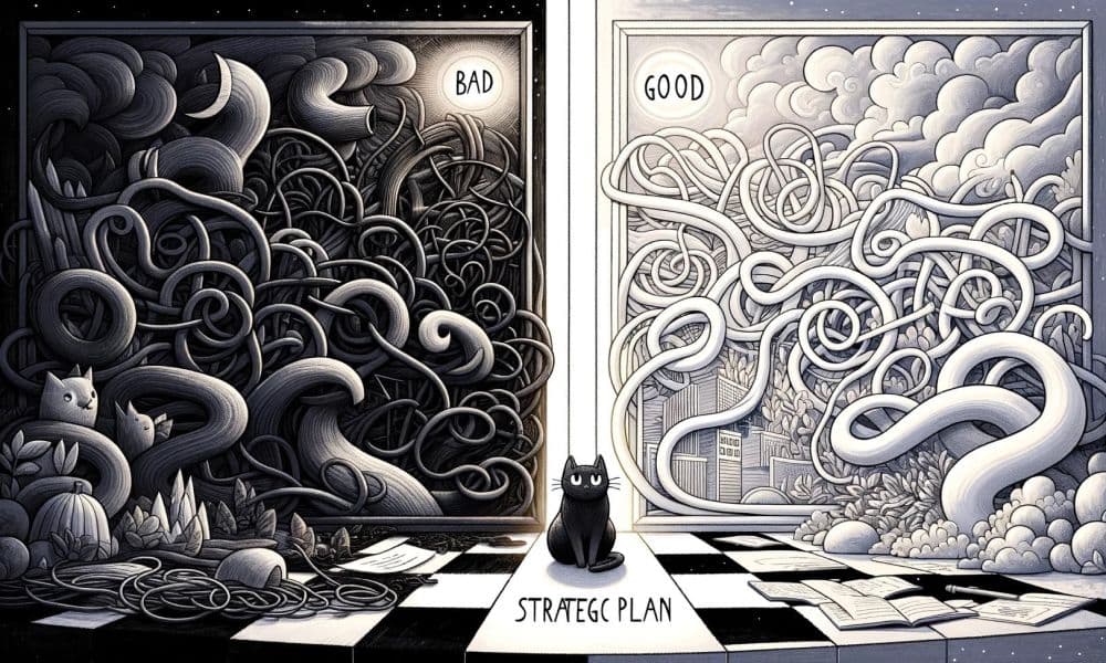 Good and bad strategy with a black cat sitting in the middle.