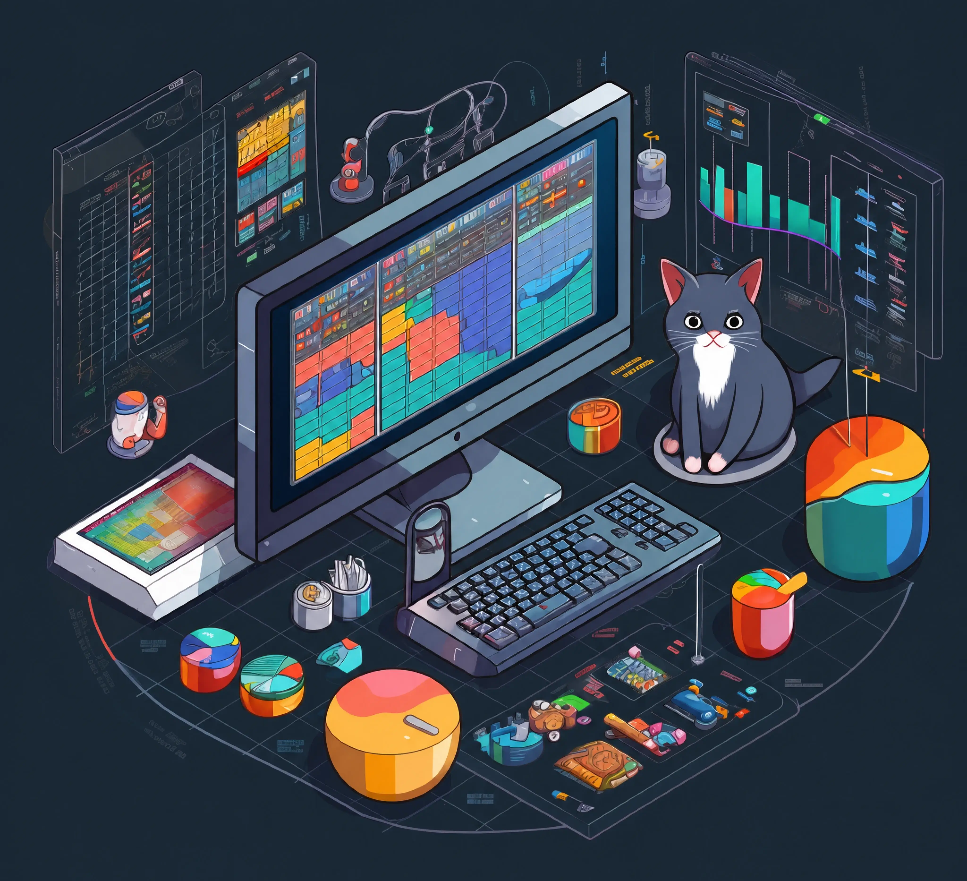 A cat sitting next to a computer with data graphs around