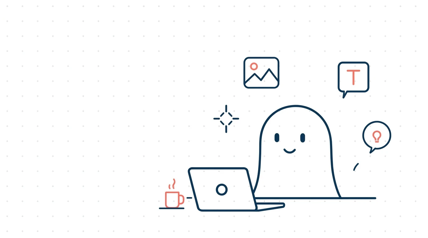 A line drawing of a friendly ghost at a laptop, surrounded by image, text and idea bubbles.